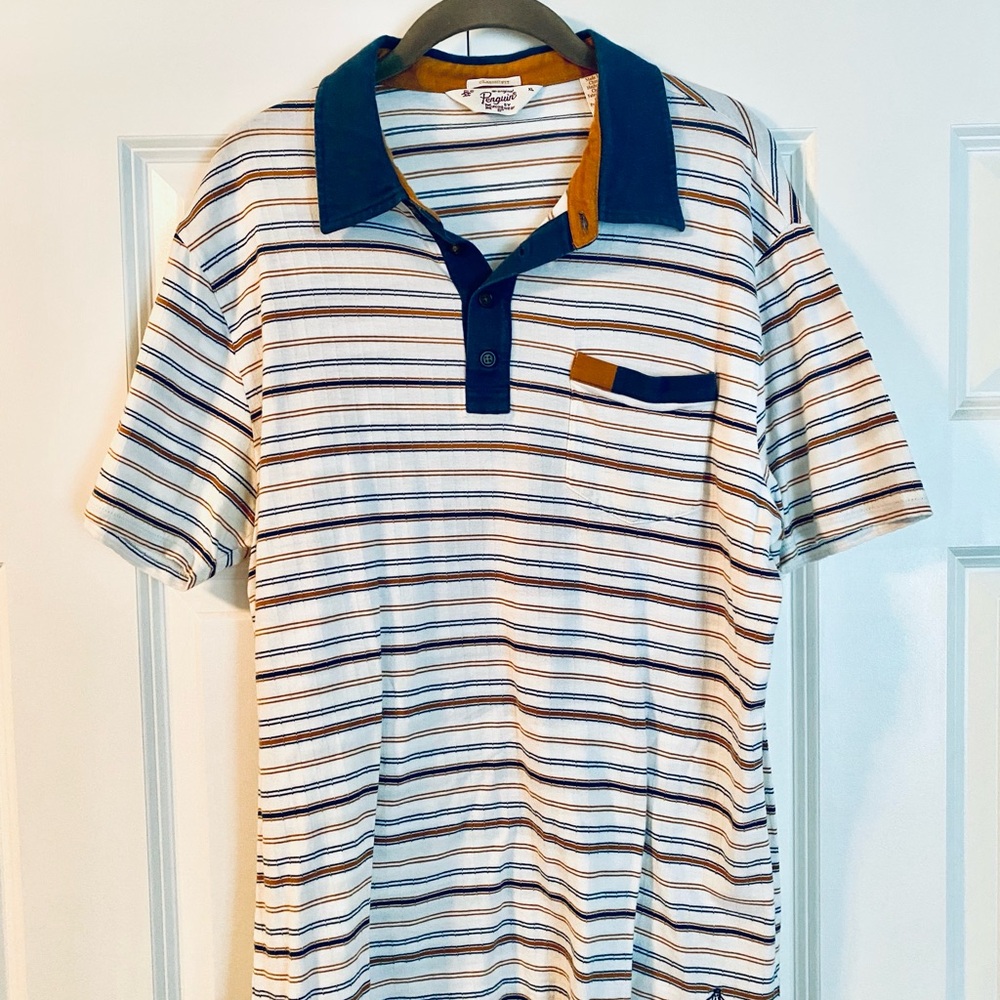 Original Penguin Navy and Tan Striped Polo Shirt